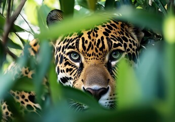 Naklejka premium Lurking Jaguar in Tropical Foliage with Intense Gaze Showcasing Wild Beauty and Natural Habitat in the Heart of the Jungle