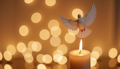 Fototapeta premium Dove flying over candle with bokeh background 