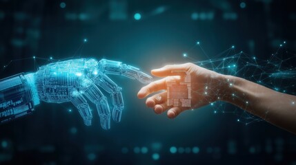 Fototapeta premium Human Hand Touching Futuristic Robot Hand, AI Connection, Digital Technology, Innovation.