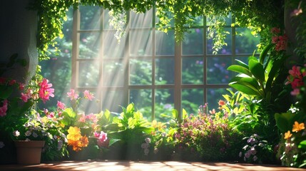 Obraz premium Bright and Serene Botanical Window with Lush Flora and Sunlight
