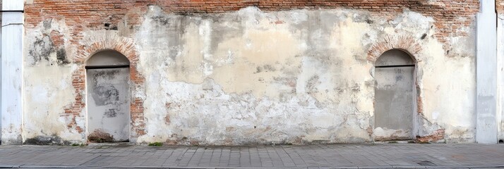 Naklejka premium Ancient Weathered Brick Wall with Archways and Doors