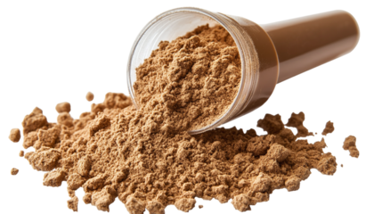 Whey protein scoop with caramel whey protein powder, isolated on transparent background