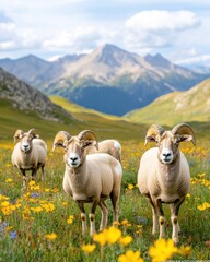 Fototapeta premium Biome Diversity, Four sheep stand in a colorful meadow with mountains in the background under a bright sky.