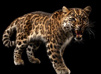 Obraz premium Majestic and Fierce Leopard Roaming in Dark Environment with Intense Gaze and Sharp Claws Highlighting Its Powerful Presence and Natural Beauty