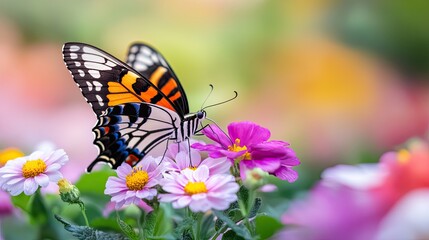Fototapeta premium Vibrant Butterfly on Colorful Flowers in Garden Setting