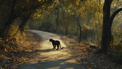 Naklejka premium Majestic Animal Walking Along a Serene Forest Path at Dusk with Soft Sunlight Filtering Through the Leaves in a Tranquil Natural Setting