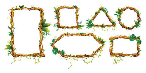 Natural liana vine frame designs with various shapes and botanical elements. Ideal for nature themed or rustic design projects. Vector cartoon illustration
