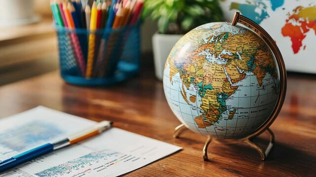 Globetrotter's Study: A globe sits amidst stationery, travel maps, and colorful pencils, inspiring a journey of learning and discovery.