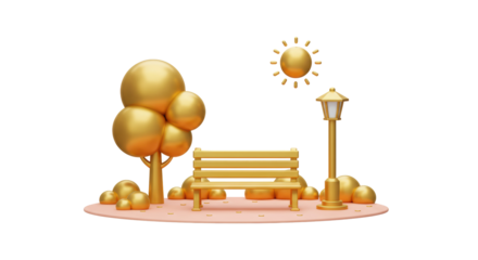 Isolated Bountiful Golden Park Showcasing Serene Bench, Shady Tree, and Elegant Lamppost, Envisioning Peaceful Leisure