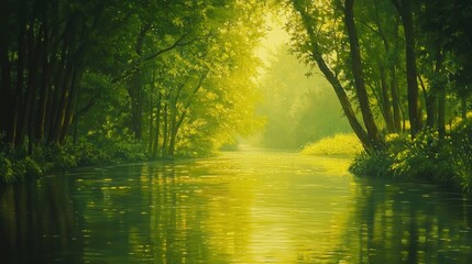 Obraz premium Serene Green River Surrounded by Lush Trees and Soft Light