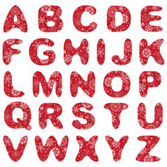 Vector red monochrome images letters of the English alphabet with Christmas pattern of snowflakes isolated on transparent background