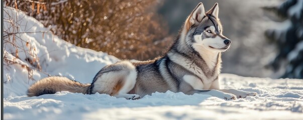 Arctic Majesty: A majestic wolf with a striking gaze lounges regally in a snowy landscape. A captivating depiction of the untamed beauty and resilience of the wilderness