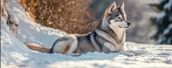 Obraz premium Wolf in Snowy Landscape: A majestic wolf rests gracefully in a serene snow-covered landscape, its piercing gaze and striking fur a testament to its wild beauty, embodying the spirit of winter.