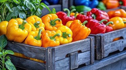 A Wooden Crate Filled With Vibrant Yellow, Orange, And Red Bell Peppers, Fresh From The Farm