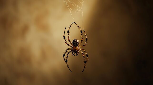 a small spider hung on a spider string, frow below, ceiling in the background,  generate AI