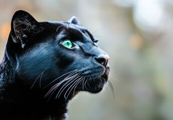 Majestic Black Panther Close-Up with Striking Green Eyes Against a Soft Faded Background