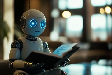 A robot is sitting on a couch reading a book