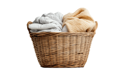 Basket filled with clean laundry, folded neatly, isolated on transparent background