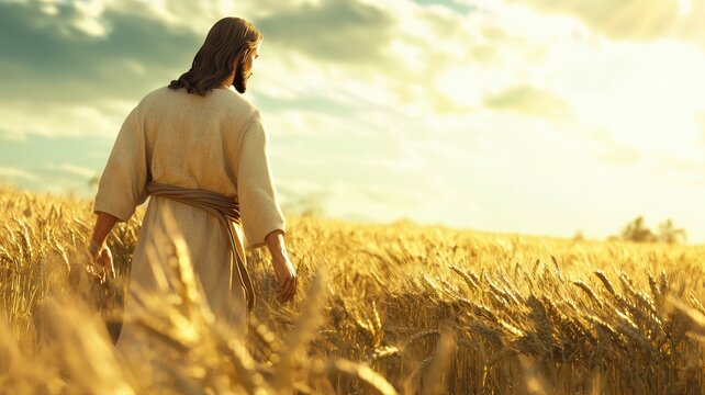 A charming 3D render of Jesus walking through a golden wheat field, sunlight illuminating His face, symbolizing peace, guidance, and spiritual abundance.
