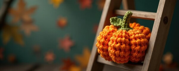 Crocheted pumpkin on a wooden ladder as fall decoration, fall decor, crochet