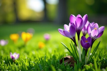 Crocus field with blooming flowers and green grass, garden, grass