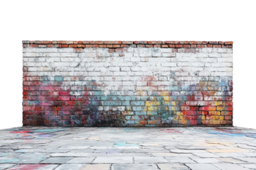 A Weathered Brick Wall, A Canvas Of Faded Graffiti, Tells Stories Of Forgotten Art And Urban Resilience Against A Simple, Stone-paved Ground Isolated on Transparent Background