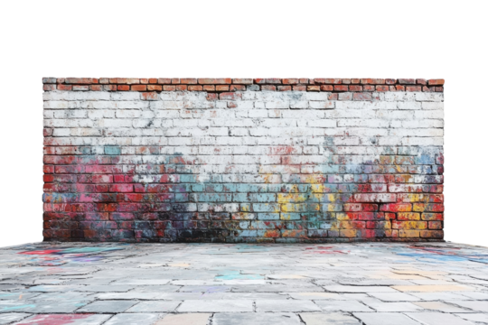 A Weathered Brick Wall, A Canvas Of Faded Graffiti, Tells Stories Of Forgotten Art And Urban Resilience Against A Simple, Stone-paved Ground Isolated on Transparent Background