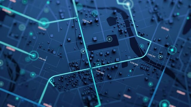 3D rendering of the aerial view of a city map with intersections, navigation lines, and running digit numbers, like a digital travel information hub for transport and technology concept