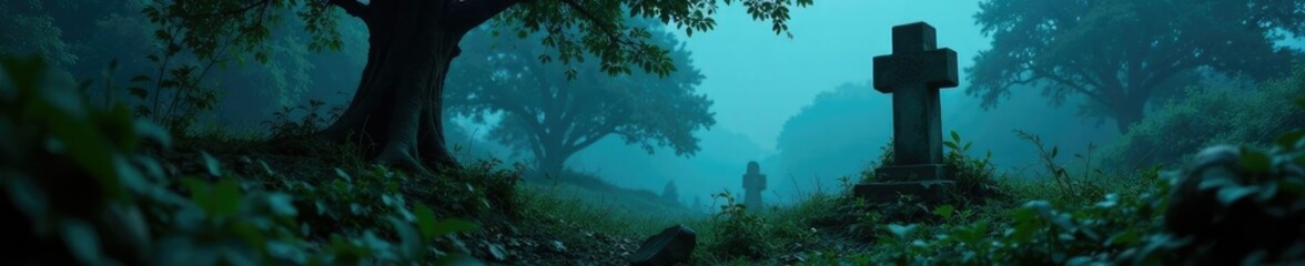 Crumbling headstone under overgrown vines at night, fog, crumbling