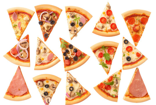 Colorful Collection of Various Pizza Slices on White Background - Powered by Adobe