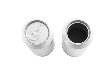 Two Blank Aluminum Cans with Open and Closed Tops, Isolated Background