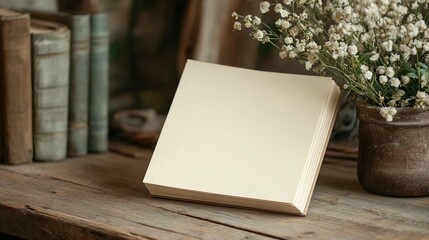 Fototapeta premium Blank Book, Rustic Table, Flowers