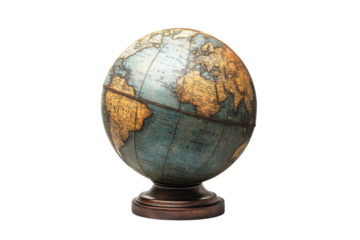 An Antique-style Globe Evokes Dreams Of Faraway Lands And Untold Adventures, Its Aged Map Hinting At Centuries Of Exploration, Resting On A Dark Wooden Base Against A Clean Isolated on Transparent Bac