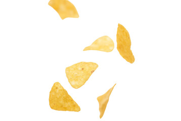 Naklejka premium Flying Crisps Captured in Mid-Air Against a White Background