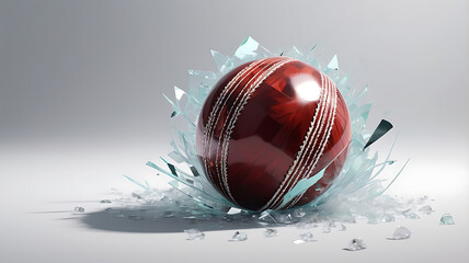 Abstract modern digital art piece featuring an exploding cricket ball and shattered glass on a background.