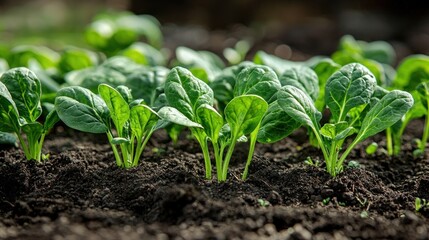 Obraz premium Young spinach plants growing in the rich garden soil currently