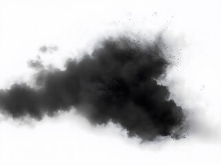 Freeze motion of black dust powder splatted isolated on white background. Close up gray and black colored powder spray burst splatter.