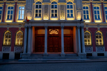 İşbank Museum's Evening Charm, Architectural Beauty in Istanbul, Featuring Building, City, Culture, Door, Facade, History, Landmark, Light, Night, Stone, Structure, Tourism, Travel, Urban