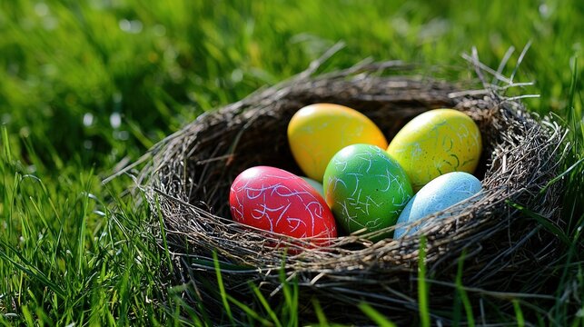 Easter Egg Hunt in Spring: Family Members Searching for Decorated Eggs in the Garden, Festive and Joyful Outdoor Activity
