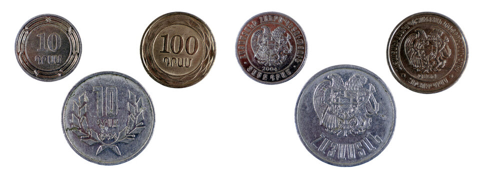 Various Armenian coins are displayed, showcasing dram denominations of 10 and 100. Each coin features unique designs reflecting Armenian culture and history from multiple years.