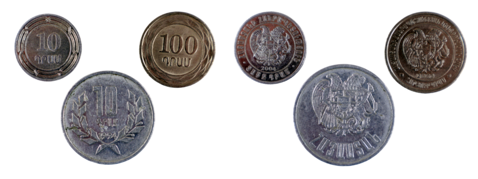 Various Armenian coins are displayed, showcasing dram denominations of 10 and 100. Each coin features unique designs reflecting Armenian culture and history from multiple years.
