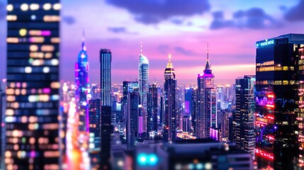 Obraz premium Vibrant City Skyline at Dusk with Glowing Lights and Skyscrapers