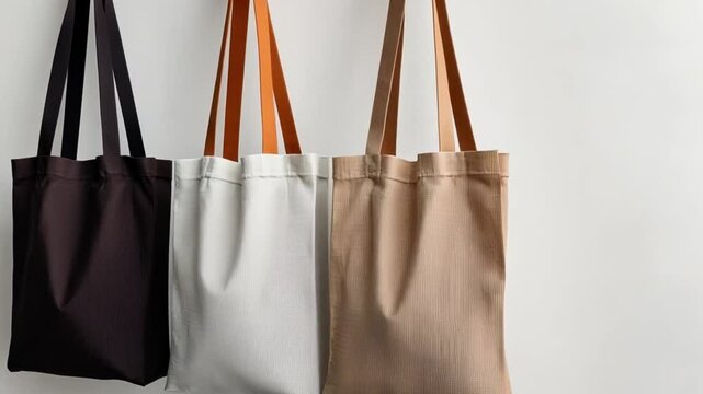 Stylish Trio: A modern collection of three minimalist tote bags, in a neutral color palette and a textured design. Displayed for everyday practicality and reusable shopping.
