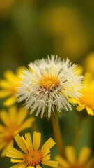 Delicate dandelion macro flower background with soft focus and yellow petals, flowers, seed