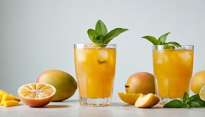 Summer cold mango fizz cocktail or iced tea with mint. Two glasses with mango lemonade on white background.fruit, citrous, glasses, vitamin, juice, isolated, tropical, white, beverage, drink,86