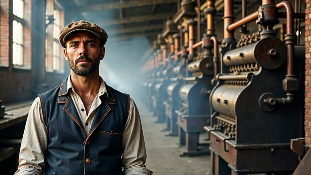 A vintage worker engaging in tasks in an industrial workshop with machinery