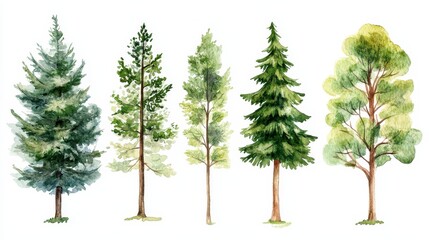 Watercolor Painting of Five Different Trees