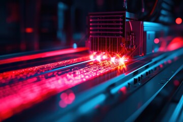 A blue and red image of a machine with a glowing light