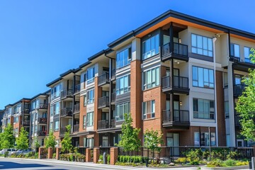 Modern apartment complex facade on sunny day with landscaped grounds