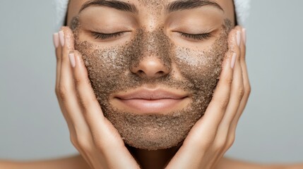Fototapeta premium A serene woman enjoys the soothing tactile sensation of a grainy facial scrub on her skin, her expression relaxed and content.